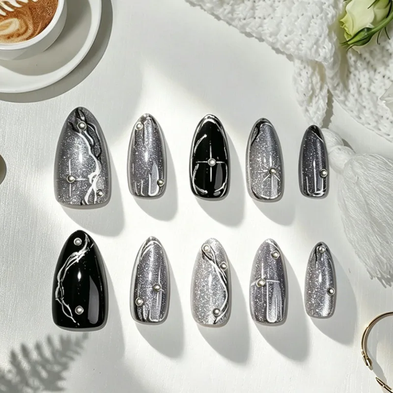 3D Cat Eye Halloween Press On Nails Dark Sweet Cool Starburst Silver Foil Ins Style Reusable False Nail Tips