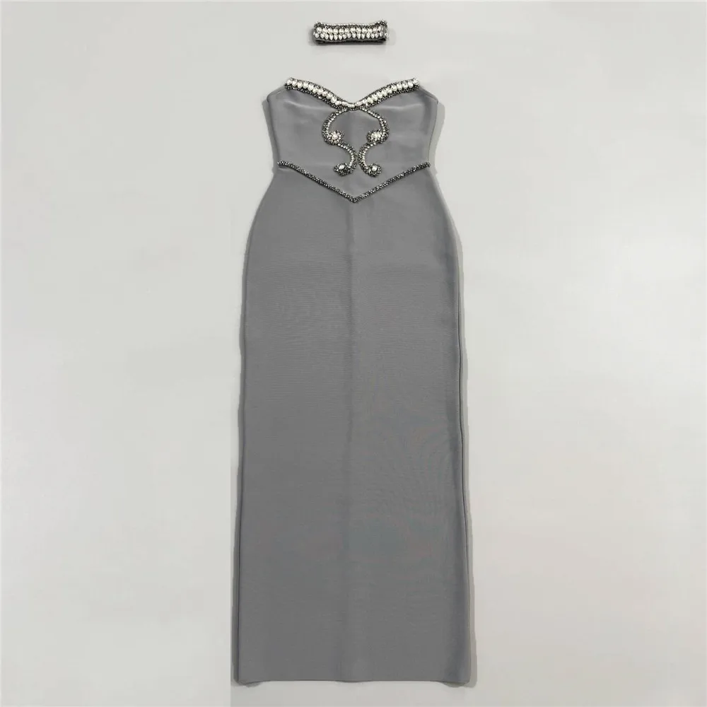 Sexy strapless diamanten grijze bandage lange jurk dames mouwloze bodycon glitter verjaardag festival jurken avondjurken