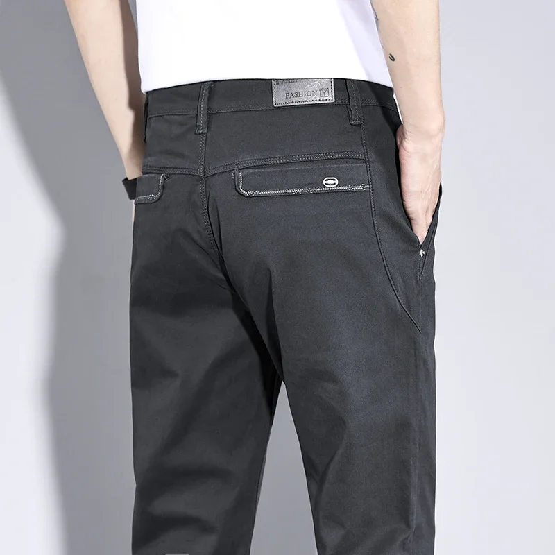 

2025 Spring Autumn High Quality Pure Cotton Casual Slim Pants New Men's All Match Loose Straight Long Man Clothing Grey Black