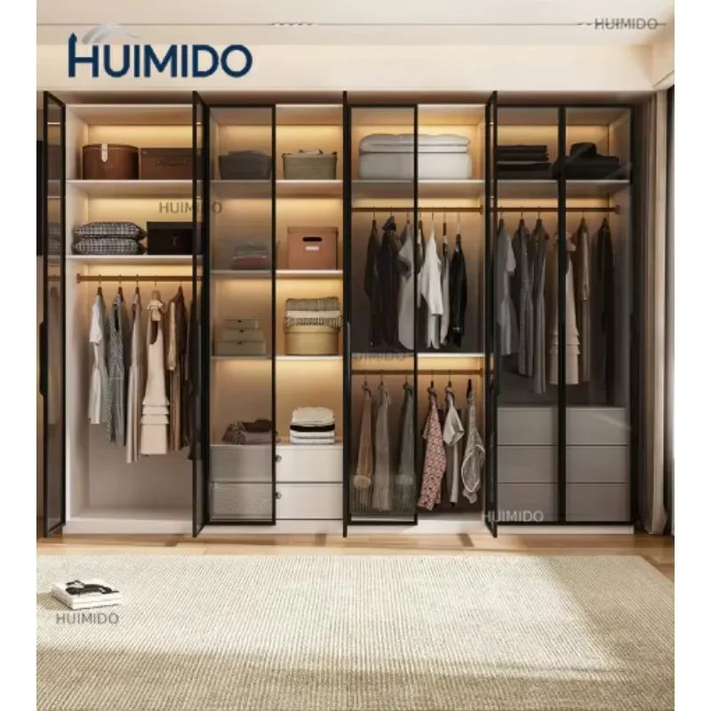 Modern Design Luxury Bookcase Simple Glass Door Solid Wood Floor Standing Light Open Bookshelf Integrated Wall Storage