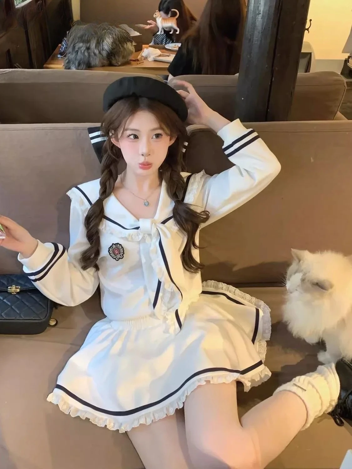 Branco doce menina jk uniforme terno estilo universitário gola marinha manga longa topo e cintura alta saia curta inchada conjunto de duas peças