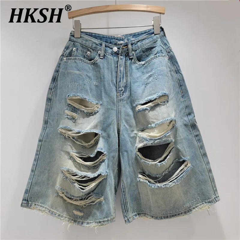 

HKSH, новые летние женские шикарные уличные винтажные рваные джинсы длиной до колена, модные прямые широкие джинсовые брюки HK5908