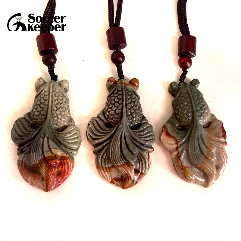 

Hand Carved Goldfish Natural Picasso Jasper Gemstone Pendant Vintage Necklaces For Women Men Fashion Jewelry Lucky Amulet BH859