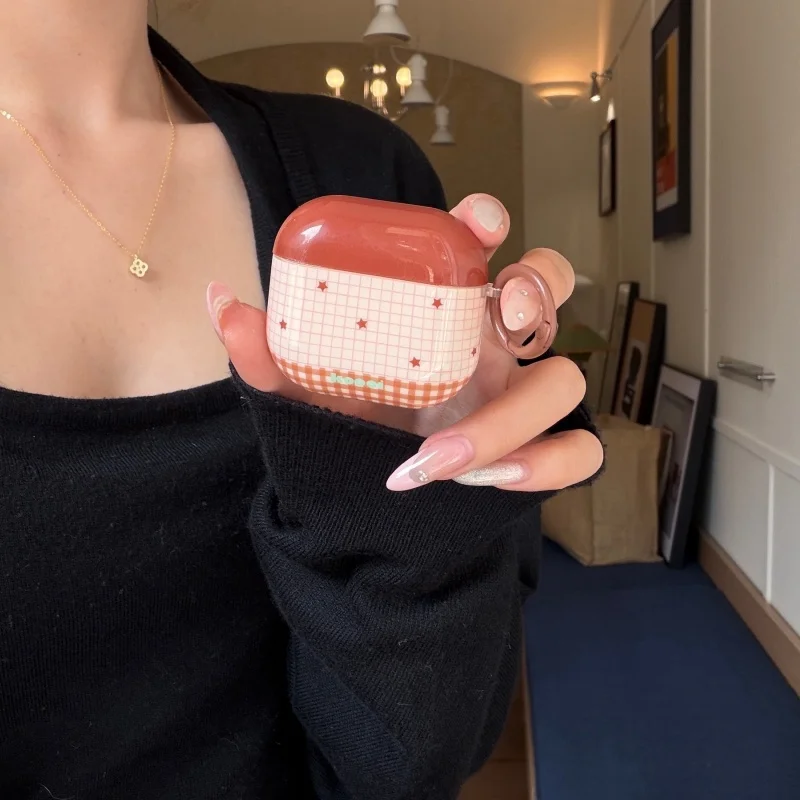 IMD Brown-Pink Plaid Stars Anti-fall Earphone case for Airpods 1, 2, 3, 4, Pro, Pro2, Pro3,