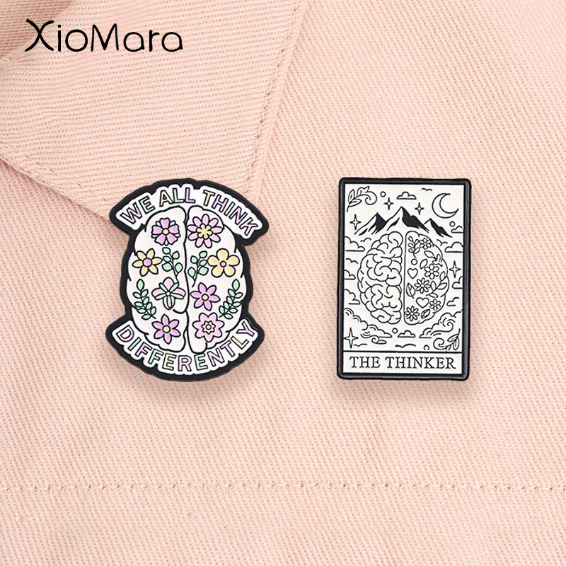ADHD Mental Health Enamel Pins The Thinker Tarot We All Think Differently Floral Brain Booch Lapel Badge Jewelry Gift for Friend