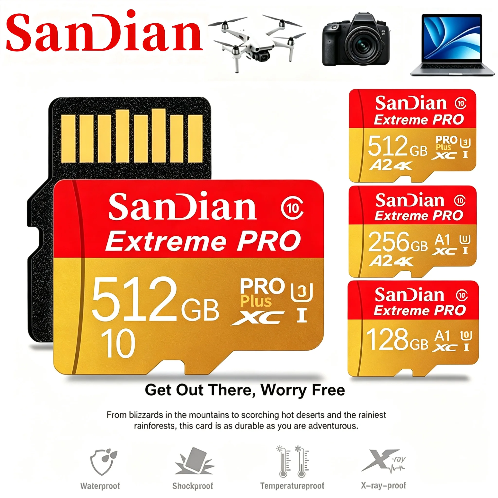 Premium Micro TF SD Card 512GB 256GB 64GB TF Cards SD Cards Memory Card Waterproof A1 for Body Camera/Gaming Console/Drone