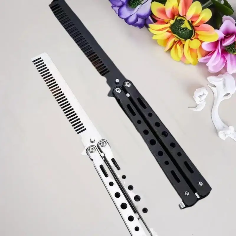 1Pcs Stainless Steel Practice Training Butterfly Knife Comb Beard Moustache Brush Salon Hairdressing Styling Tool Foldable Comb