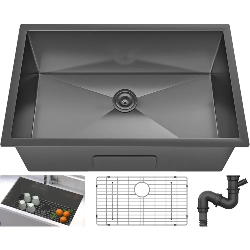 

yitahome black kitchen undermount sink 32in single bowl 16 gauge stainless steel nano gunmetal black sink with accessories for w