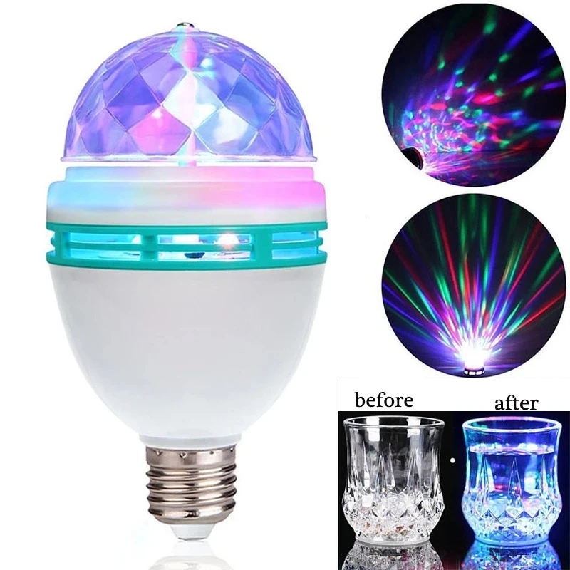 Bombilla LED giratoria automática para fiesta de cumpleaños, lámpara de discoteca, efecto de luz de escenario, bola mágica de cristal, DJ, CA 85-265V, E27