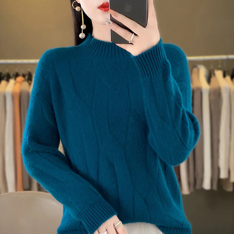 Women\'s Soft Wool Sweater Half-high Collar Twisted Thickened Pullover Autumn Winter Casual Basis Top Cashmere Female Knitwear