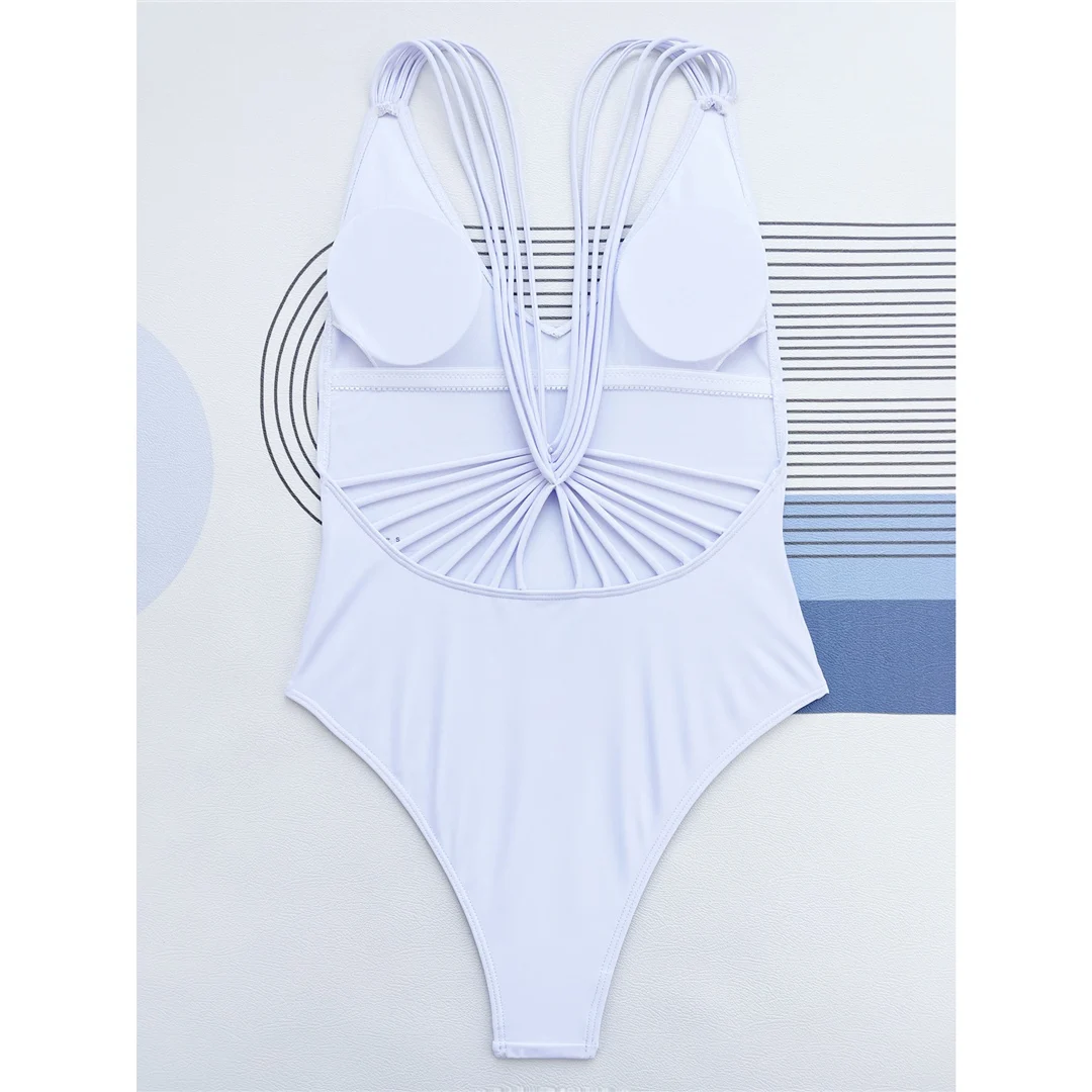Sexy 3-Farben V-Ausschnitt Trägerloses Badeanzug mit hohem Beinausschnitt und rückenfreiem Design für Damen, einteiliger Badeanzug, Damen-Badebekleidung, Badeanzug für Damen V4432 – Detail 26