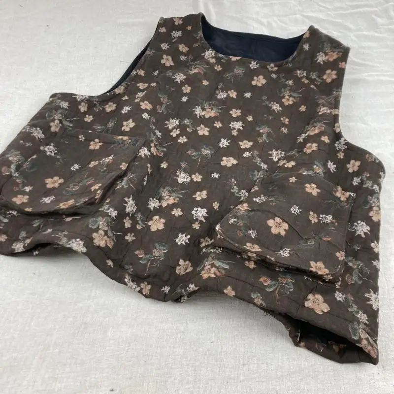 秋冬芸術スタイルの女性ルーズノースリーブコートダブルポケットヴィンテージ花柄厚いコットンリネンプルオーバーベスト T35