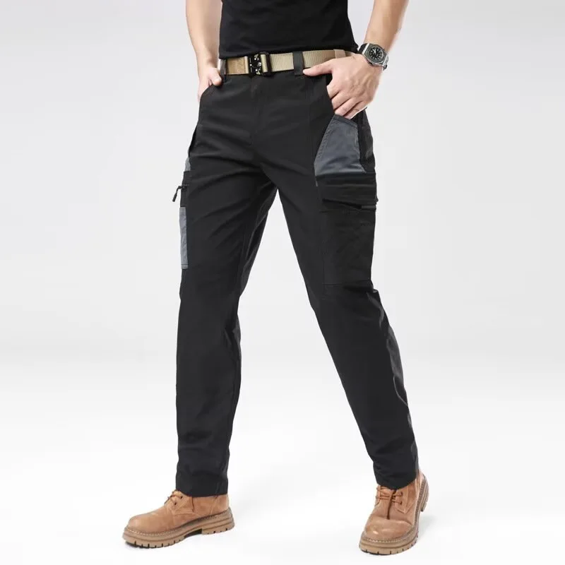 Men Tactical Cargo Pants Color Block Splicing MultiZipper Pockets Wear Resistant Ripstop Straight Outdoor Hiking Work Trousers