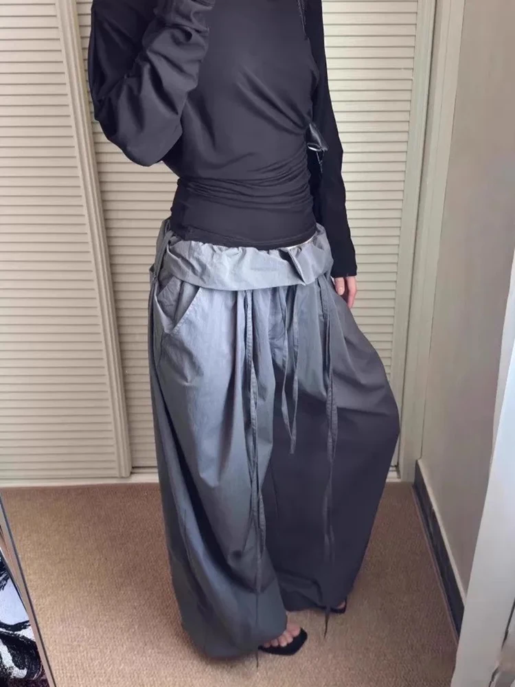 레트로 캐주얼 팬츠, 여름 신축성 있는 허리 드로스트링 벌룬 팬츠, 루즈한 스트레이트 팬츠, 바닥 길이의 와이드 팬츠