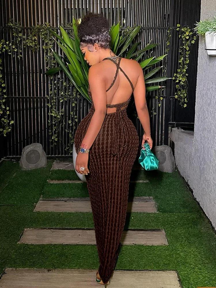 فستان ماكسي مثير بحمالات رفيعة مكشكش وحزام سباغيتي فستان نسائي غير رسمي بدون أكمام وظهر مكشوف فساتين حفلات للسيدات