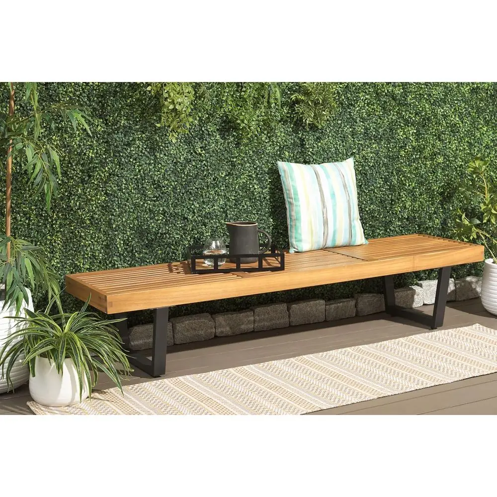 

Natural Heather Brown Solid Wood Outdoor Patio Bench with Black Legs, 72-inch Steel Frame