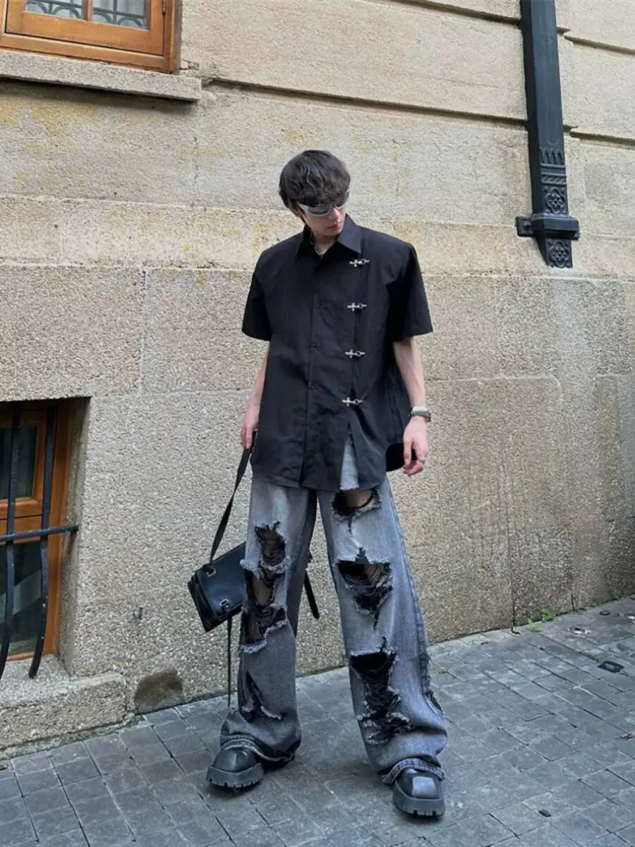 Man Jeans 2026 New Men Vintage Distressed Ripped Denim Pants High Street Raw Edge Destroyed Loose Oversized Long Jeans Punk