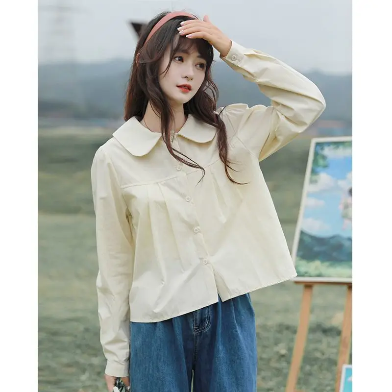 

Long Sleeve Shirts Womens Chiffon Lace-Up Slim Fit Turn Down Collar Feminine Romantic Preppy Youthful Casual Spring Outfit