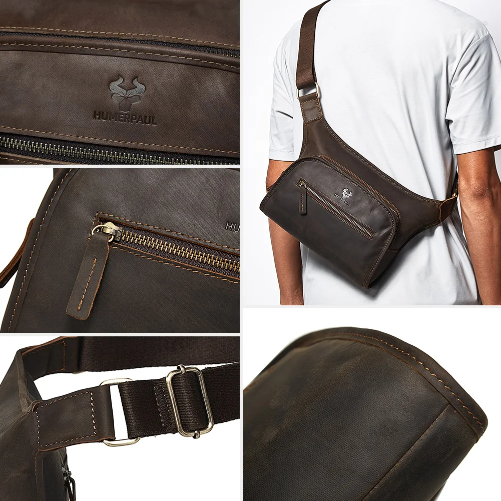 HUMERPAUL Crazy Horse Leather Waist Belt Pack for Men Classic Retro Crossbody Bag Multifunction Outdoor Mobile Phone Bag
