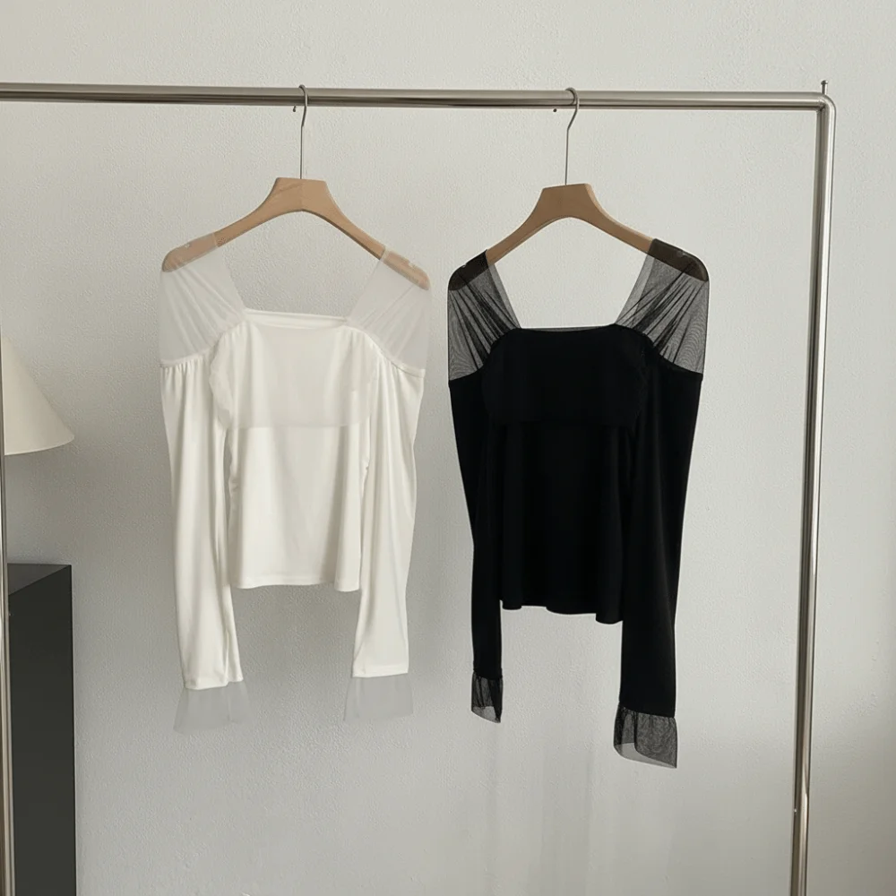 Korean Style Women's Long Sleeve T-Shirt Square Collar Long Sleeve Base Shirt Slim Fit Waist Cinched Mesh Top Spring Autumn