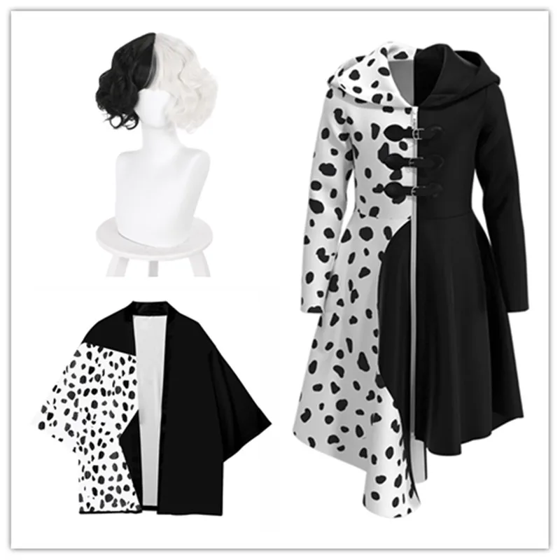 ผู้ใหญ่/เด็ก Cruella ชุดคอสเพลย์ผู้หญิงเสื้อคลุม Kimono Cardigan Robe ชุดวิกผมชุด Halloween Baju Karnaval