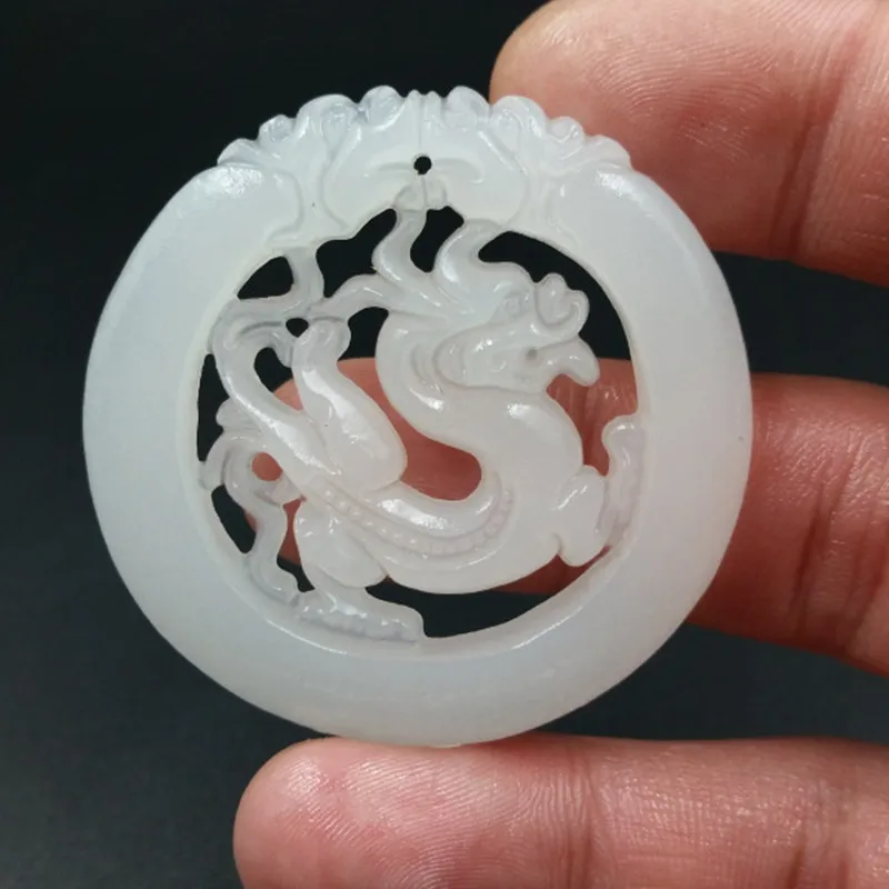 High grade natural A goods Xinjiang white jade zodiac dragon jade pendant sheep fat  hollow  plaque