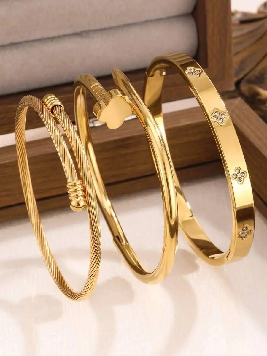New Fashion High Quality Stainless Steel Flower Zirconia Women's Bangle Bracelet Jewelry Set, Suitable For Daily Wear