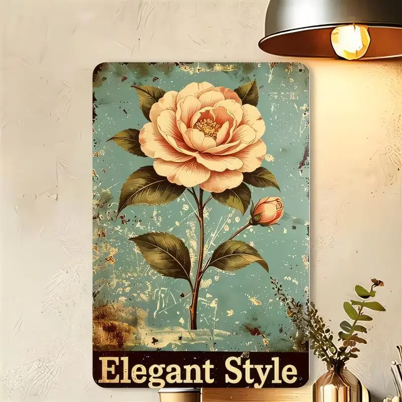 Vintage Distressed Peach Camellia Floral Metal Tin Sign - Teal, Elegant Iron Wall Art for Home Bedroom Living Room Decor
