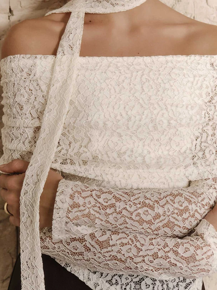 

Elegant Off Shoulder Long Sleeve Pullover Sexy Lace See Through Drift Solid Color Blouse Women Fashion Embroidery Irregular Tops