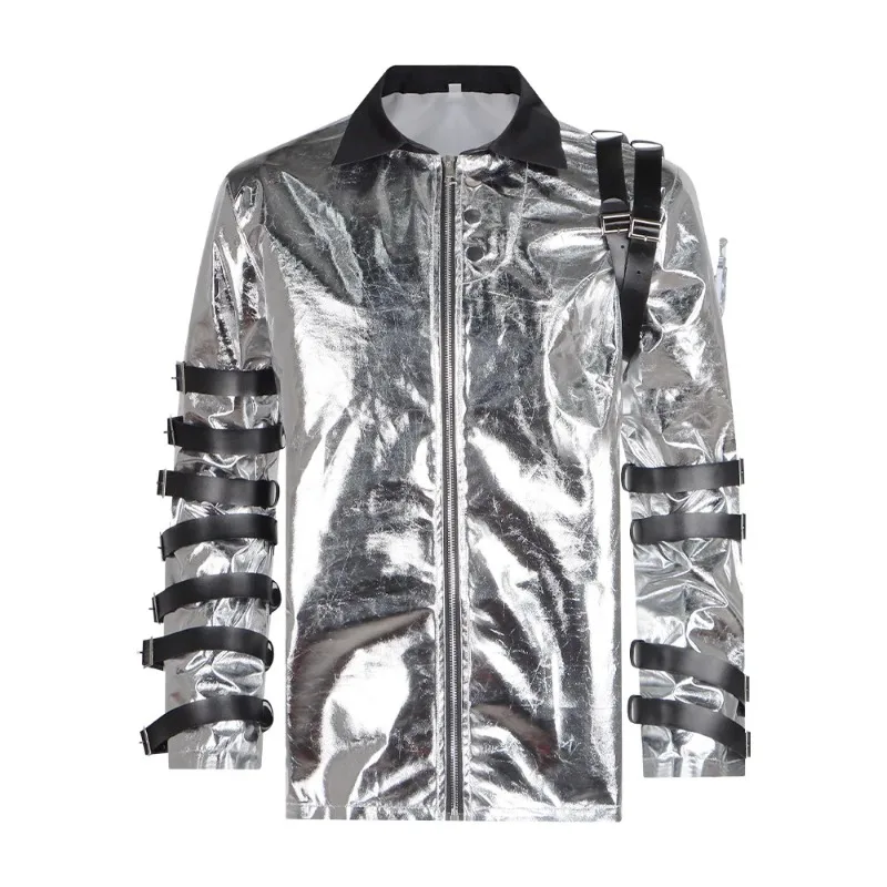 

Michael Cosplay Bad World Black Straps Jacket Style Costume Shiny Silver Stage Performance Halloween Carnival Fans Party Outfit