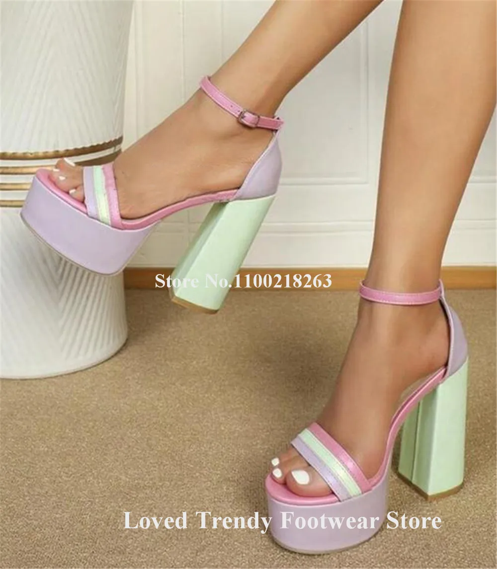 Mixed-colors Stripes High Platform Block Heel Sandals Open Toe Colorful Patchwork Chunky Heel Dress Shoes Party Heels Big Size
