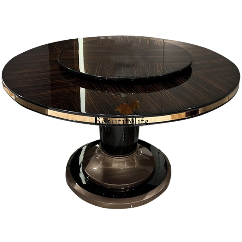 

**Italian light luxury solid wood round dining table and chairs combination villa high-end luxury ebony