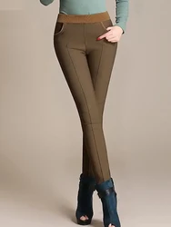 2025 Winter warm women stretch high elastic waist casual cotton pants clothe S-4XL thick fleece ladies patchwork pencil pants