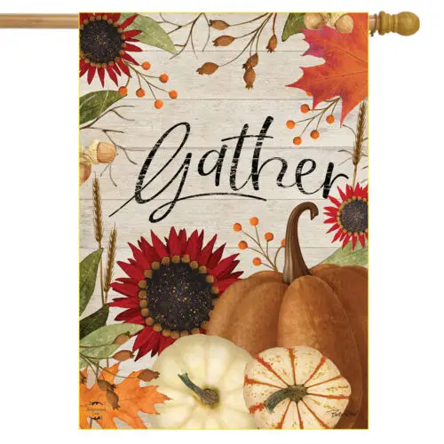 Gather Autumn House Flag Thanksgiving Floral Inspirational 28