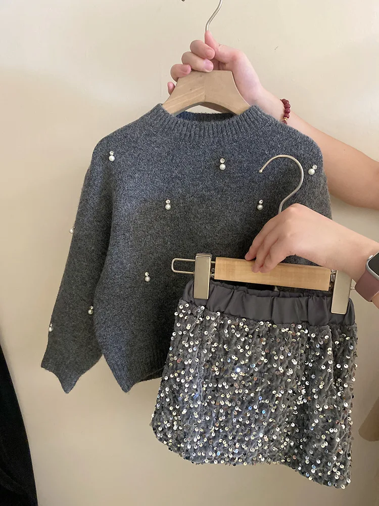 Jupe courte à paillettes avec perles et biscuits pour enfants, pull élégant, vêtements mounommée, nouvelle mode, automne, 2022