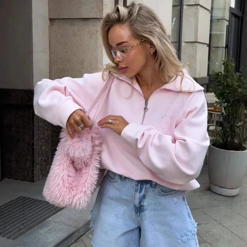 Ins Embroidery Hoodies&Sweatshirts Y2K Letters Jacket Women Half Zip Outdoor Sports Hoodie Loose Long Sleeved Top Tee Coat New