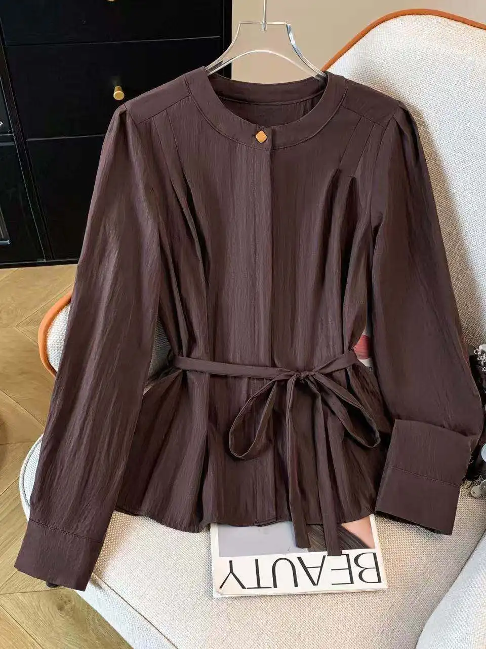 

Large Size irt Women's Artistic Retro Casual Design Sense Tie Pure Color Overhead Top Vintage Sle Long Sve round Ne