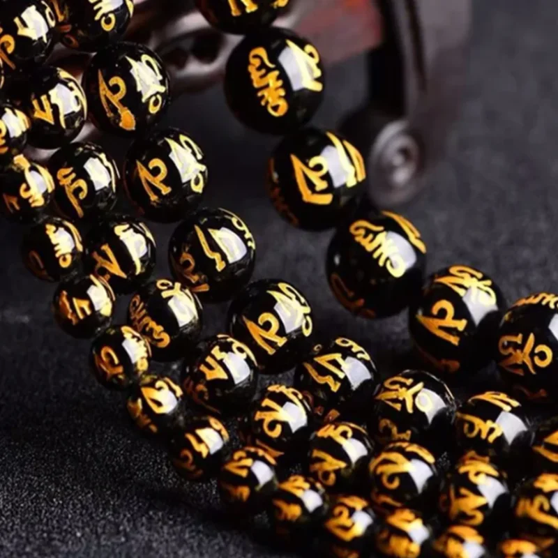 Feng Shui Gift Six Word Mantra Obsidian Stone Round Loose Beads Bracelet for man and women Handmade good Lucky Amulet Jewellery