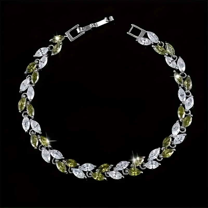 

Hot SellingLuxury Multicolor CZ Crystal Bracelet Silver Leaf Wheat Ear Pendant Women's Elegant Jewelry Birthday Gift