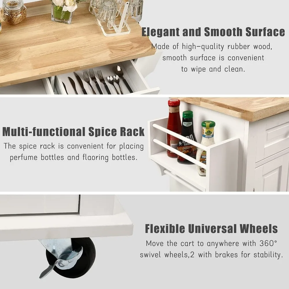 Kitchen Island with Storage, Kitchen Cart on Wheels with 2 Large Drawers,Adjustable Shelf Inside Cabinet, Spice Rack