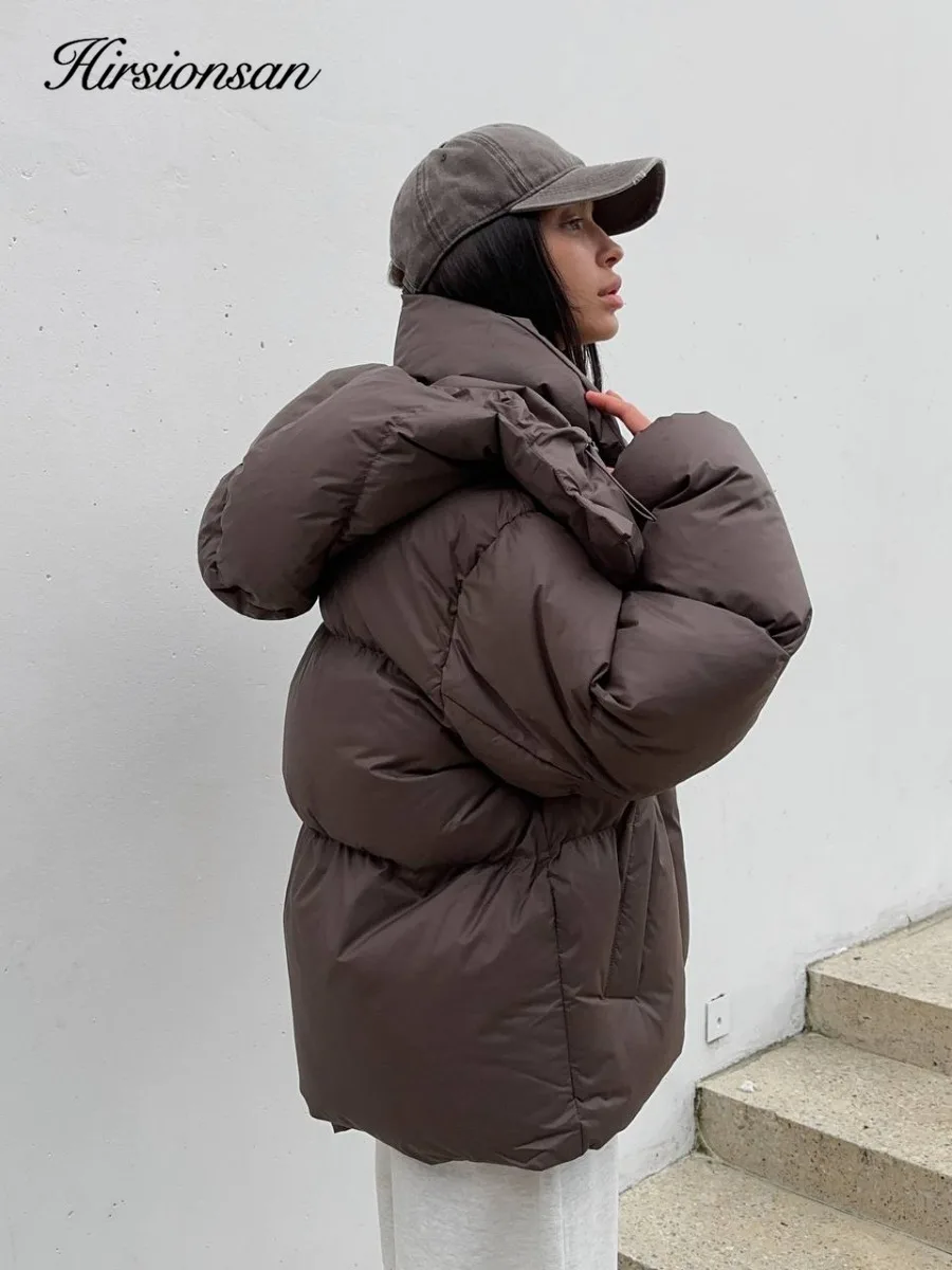 سترة Hirsionsan 2025 كاجوال لتنحيف الخصر مع غطاء للرأس متوسطة قصيرة من القطن للخبز سترة نسائية من القطن السميك باللون البني #3