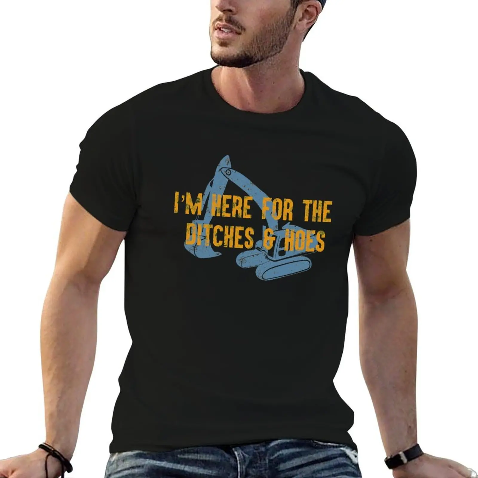 Here For Ditches and Hoes Construction Equipment Funny Backhoe Bulldozer Blue T-Shirt