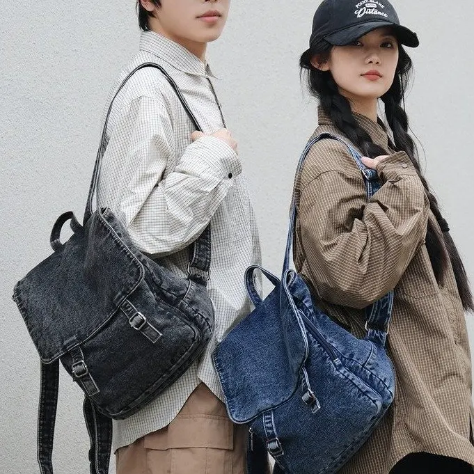 Retro Distressed Denim Canvas Backpack Fashionable Classic Women's Bookbag Commuter Dual-shoulder Bag with Multiple Compartments