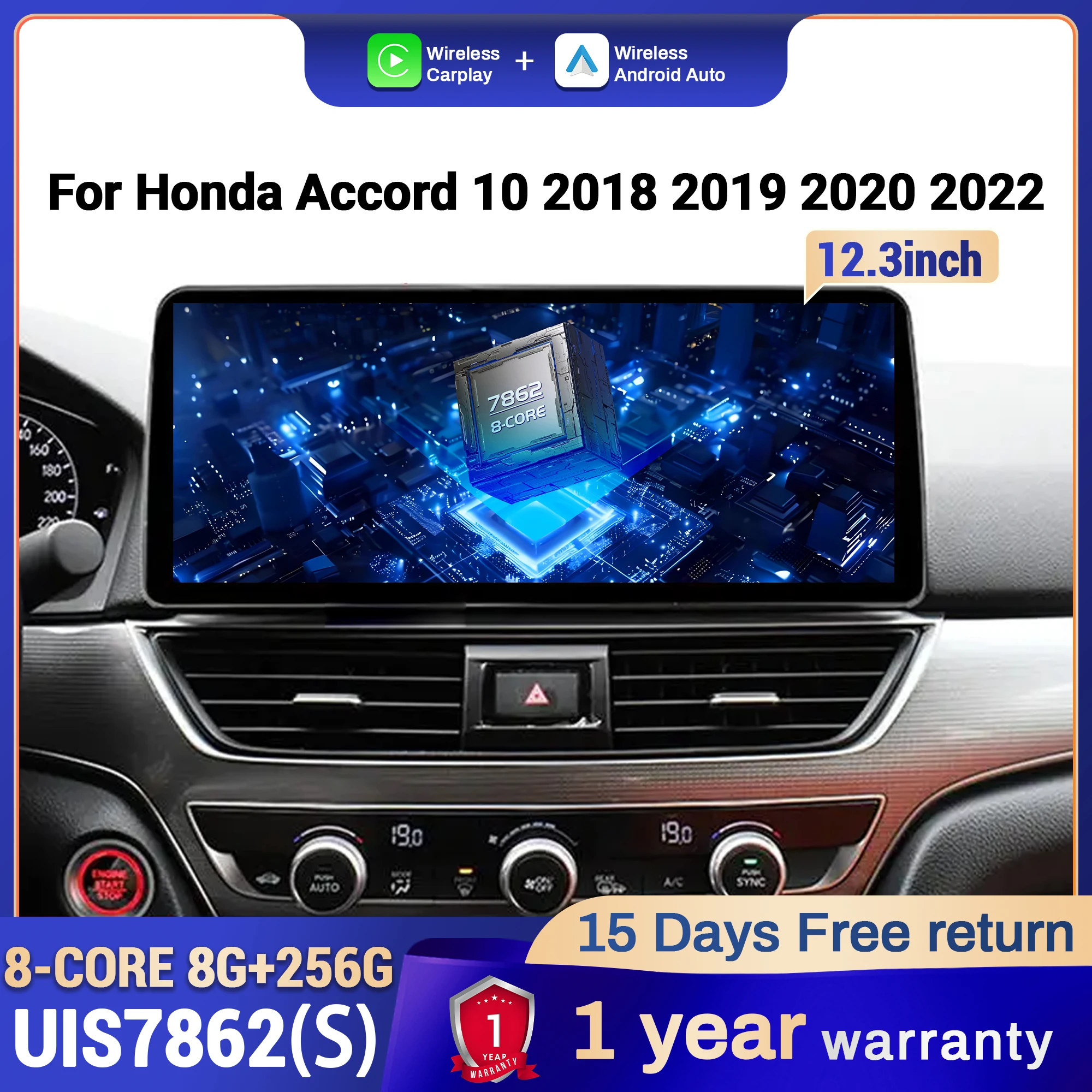 12.3 inch Android 14 Car Radio Multimedia For Honda Accord 10 2018 2019 2020 2022 Wireless Bluetooth Carplay Head Unit Screen