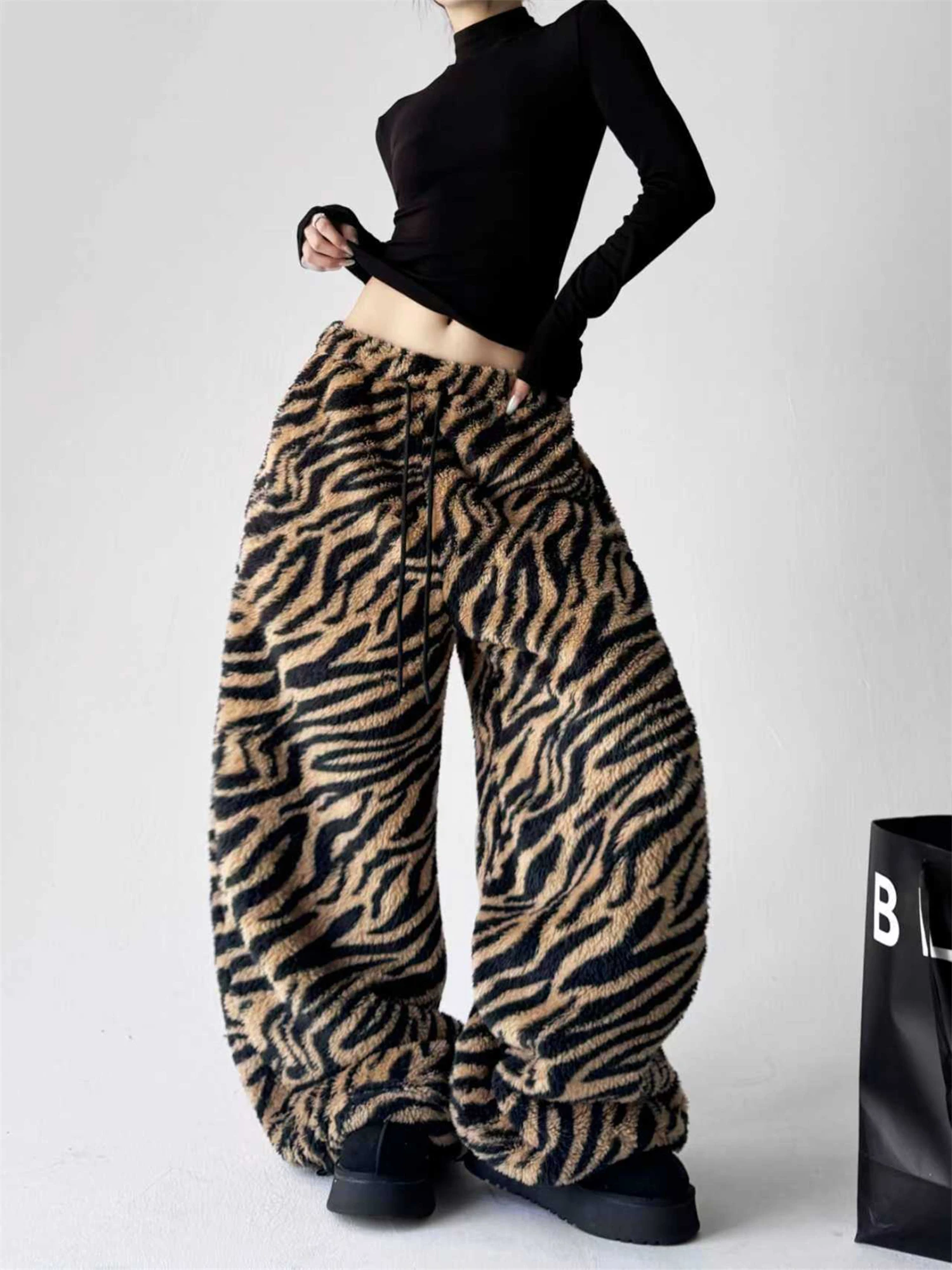 

Женские нечеткие широкие брюки с принтом зебры, повседневные уютные уличные женские брюки с завязками на талии и манжетами до щиколотки
