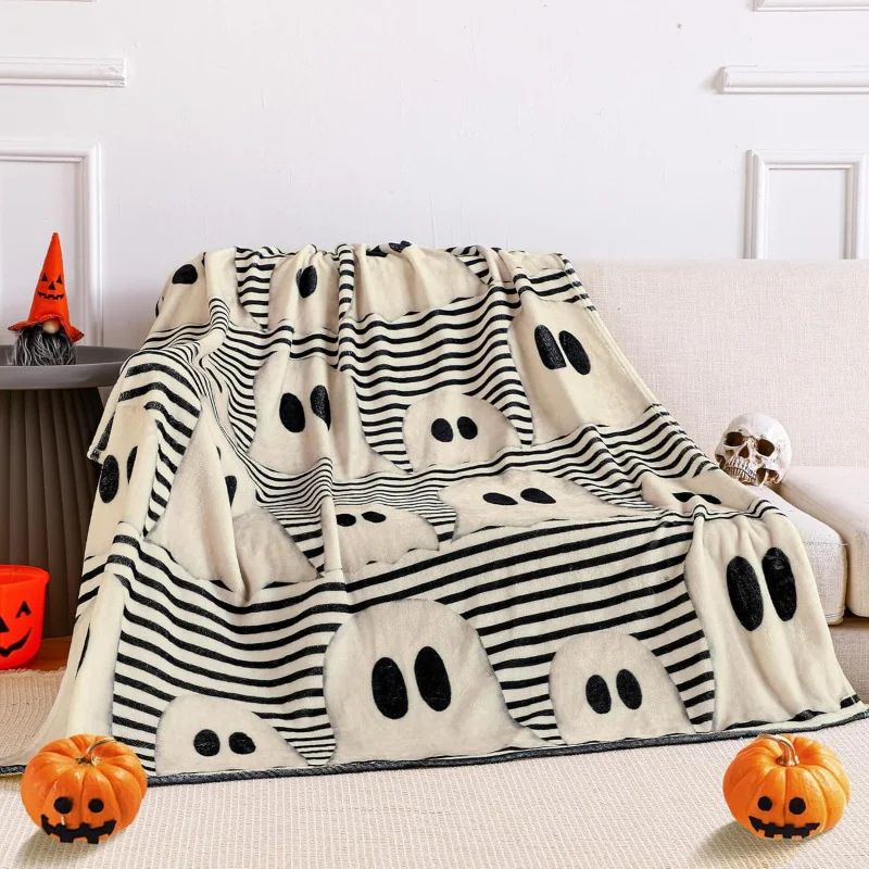 

Halloween Throw Blanket Cute Rustic Ghost Flannel Blanket Farmhouse Spooky Blanket Soft Black White Striped Blanket Retro Hallow