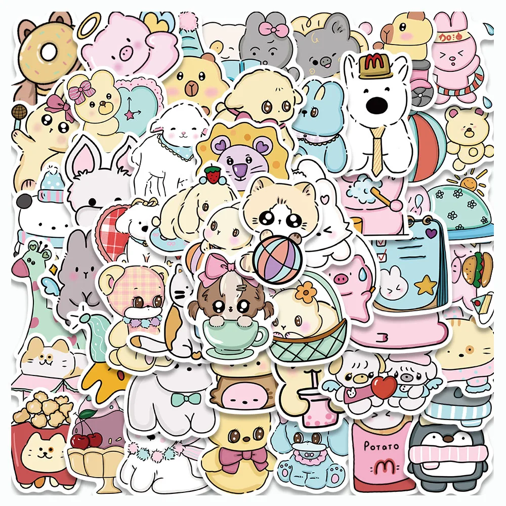 50PCS Crazy Animal Party Stickers Cute Puppy And Rabbit Cartoon Decals For Laptop Suitcase Skateboard Guitar Decorate Stickers