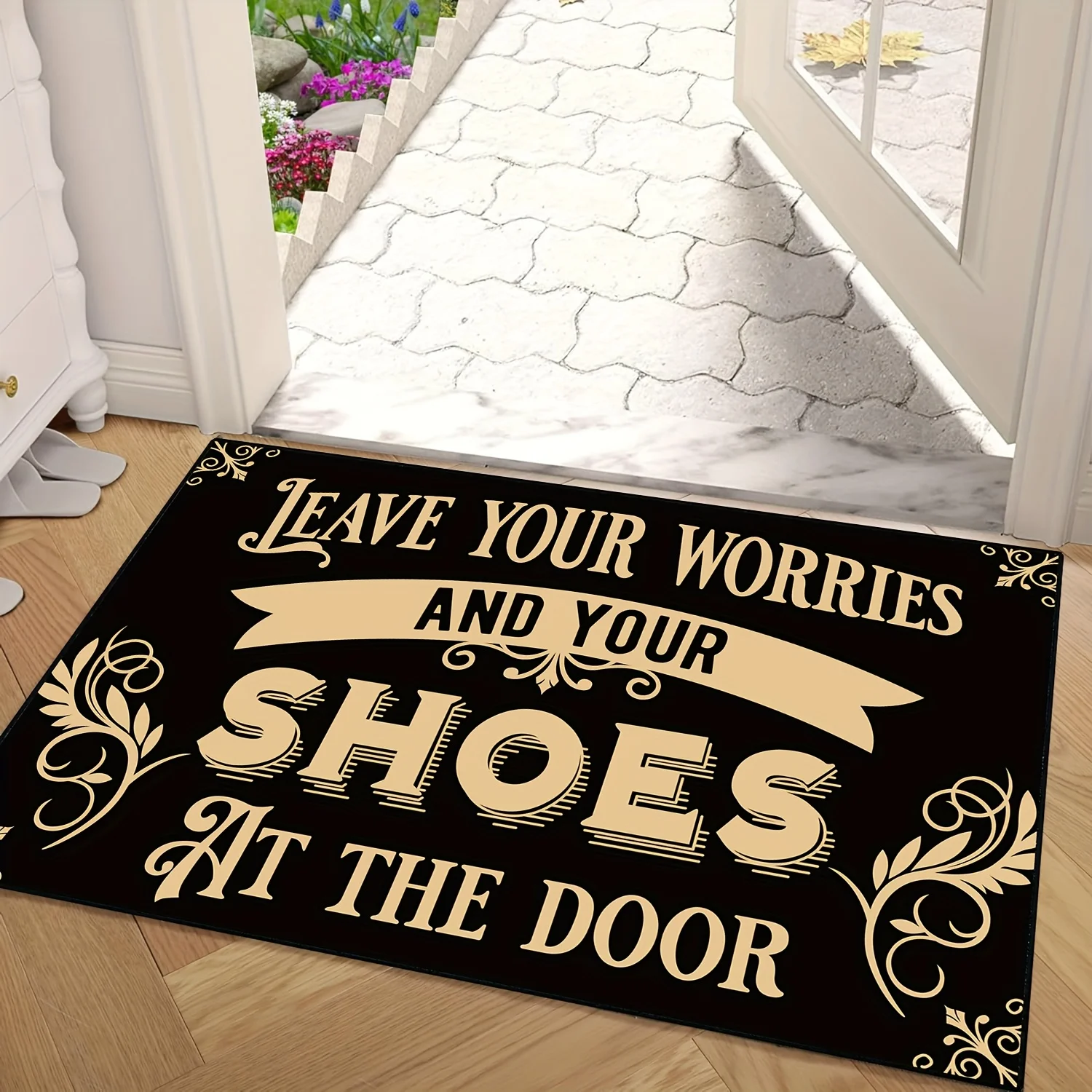 Vintage Text Floor Rug Funny Welcome Slogan Ornate Floral Scroll Border Inspirational Quote Decor Area Rug for Home Ornament