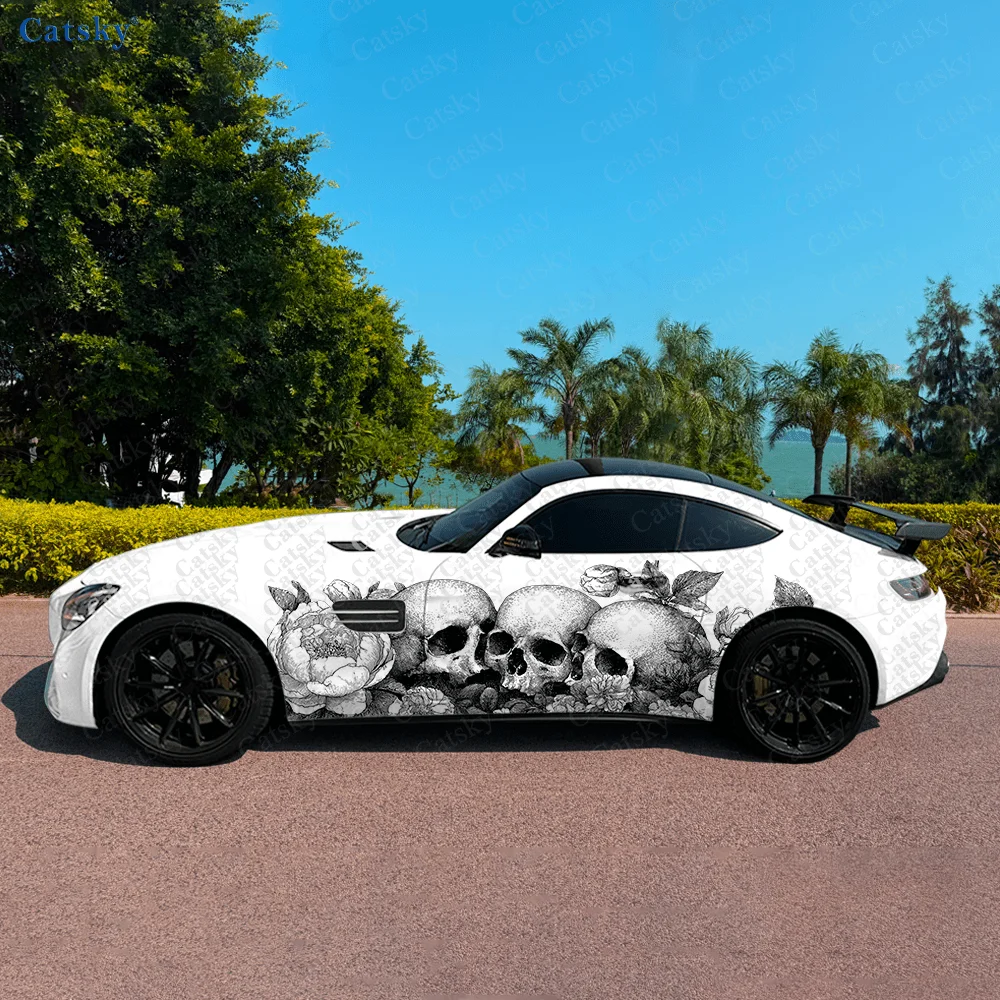 

Horrific Floral Skull Car Vinyl Wraps Decal Self-adhesive PVC Sticker Suitable for Trucks SUV Decoration Auto Accessories Gift