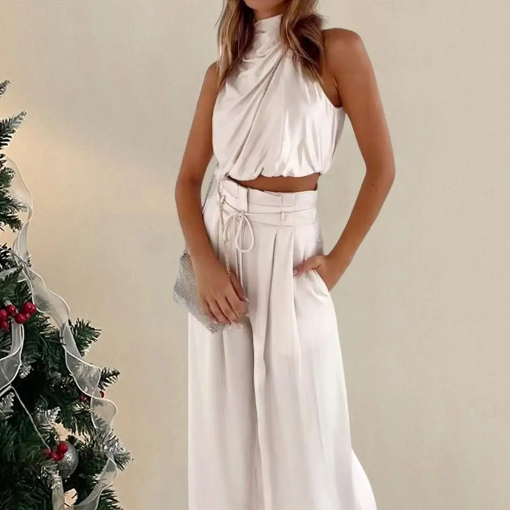 Women\'s Two Piece Pants Sets Outfit Silk Pleated Sleeveless Top Wide Leg Pants Set Summer Matching Sets 2024